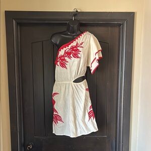 Farm Rio x Anthropologie One-Shoulder Cream and Red Romper